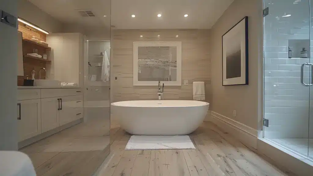 Remodeled bathroom with white freestanding tub, glass shower enclosure, white vanity cabinets, and light wood flooring.