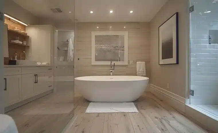 Remodeled bathroom with white freestanding oval tub, glass shower, white vanity, and light wood-look flooring.