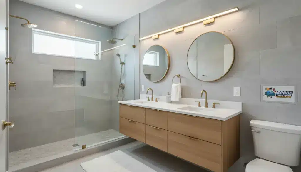 Remodeled bathroom with glass walk-in shower, floating wood double vanity, two round mirrors, and brass fixtures.