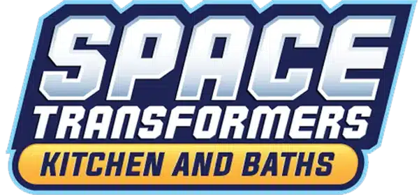 Space Transformers Kitchen and Baths logo in blue and white lettering with a yellow banner on a black background.